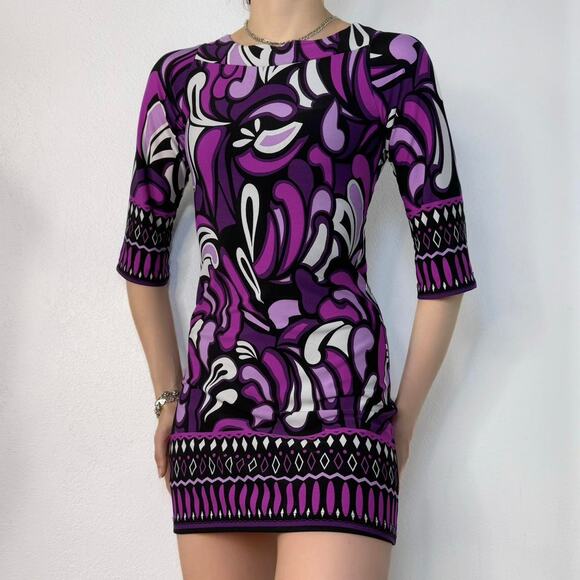 Y2K Psychedelic Print Mini Dress Waist Tie Purple White Black - Picture 1 of 8